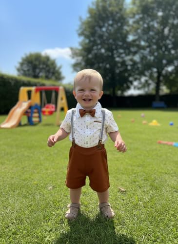 Image of Volunboy Baby Boy Formal Short Set Toddler Summer Gentleman Outfit Kid Short Sleeve Bowtie Shirt Suspender Shorts Suit