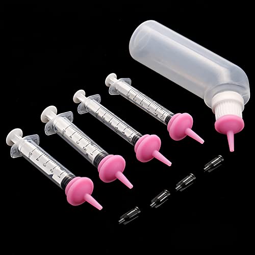 Gufastoe Pet Feeding Silicone Nipple with Curved Bottle and Syringes for Puppy Dog Cat or Other Pets (Pink) - Thumbnail 7