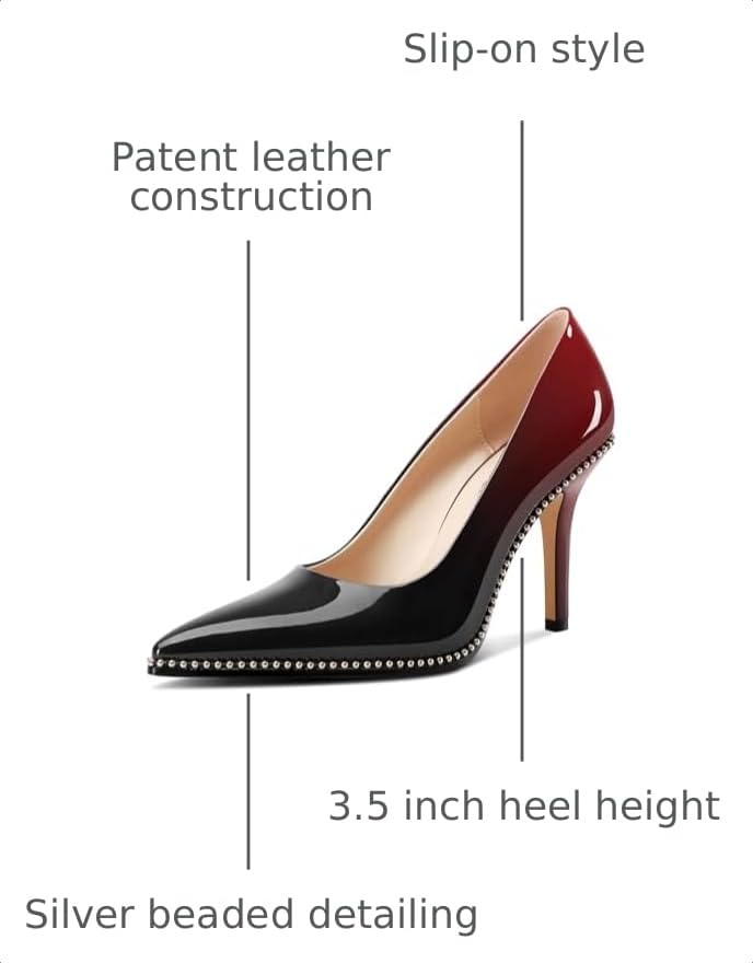 Image of TNYNFBEB Womens Stiletto Mid Heel Pointed Toe Pumps Slip-on Sliver Beaded Prom Wedding Dress Basic Classic Patent Leather 3.5 Inches Heels