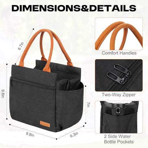 WELIDAY Lunch Bag Insulated Lunch Box Reusable Leakproof Spacious Cooler Tote for Women Men Adult with Bottle Holder and Front Zipper Pockets for Work Office Travel Picnic (Black)
