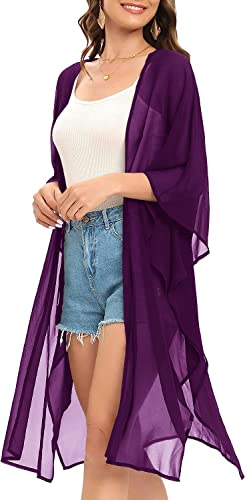 Image of Indian Trendy Women's Solid Puff Sleeve Kimono Long Cardigan Loose Cover Up Casual Blouse Top Chiffon