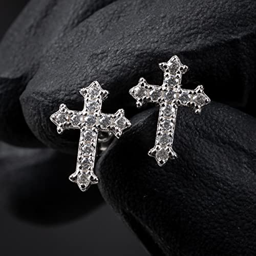 Mens Women's Small Prong Set Iced 5A Cz Hip Hop White Gold Rhodium 925 Sterling Silver Hypoallergenic Crucifix Ice Out Cubic Zirconia Gothic Cross Screw Back Stud Earrings2