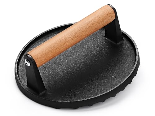 AIVIKI Burger Press Smash Burger Press for Blackstone Griddle Heavy Duty Cast Iron Round 6.9In Bacon Grill Press with Wood Handle Meat Steak Weight for Sandwich Paninis (Round)