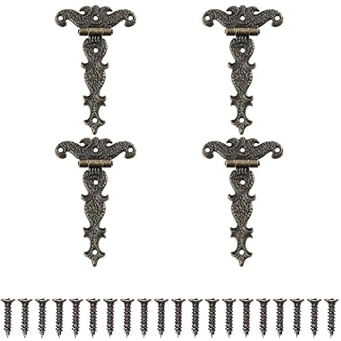 Lxoraziy 4 Pieces Retro Bronze Hinges, Retro Carved Hinge, Zinc Alloy T Shaped Hinge, Furniture Hinges with Screws, for Cupboard, Drawer Door, Bookshelf, Wooden Box Cover