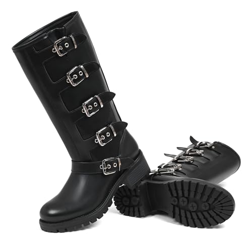 Image of AMINUGAL Knee High Boots Women Square Toe Pull On Wide Calf Riding Fashion Buckles Chunky Metallic Casual Vintage Buckle Rivet