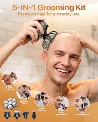 Image of Head Shavers for Bald Men, 7D Smooth Electric Razor for Head & Face, IPX7 Waterproof Wet /Dry Head Shaver with LED Display, 5-in-1 Grooming Kit for Home & Travel-Gunmetal Black