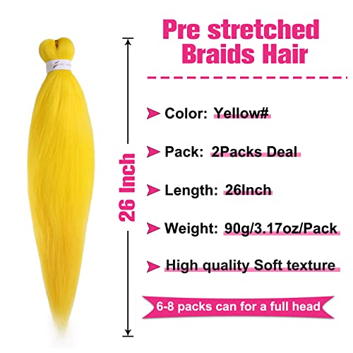 Unionbeauty 26 Inch Pre Stretched Braiding Hair 2 Packs Yellow Braiding Hair For Box Braids Hot Water Setting Easy Braid Yaki Texture Ez Braids Synthetic Hair Extensions Crochet Bradids Hair (Yellow#) #TOP1