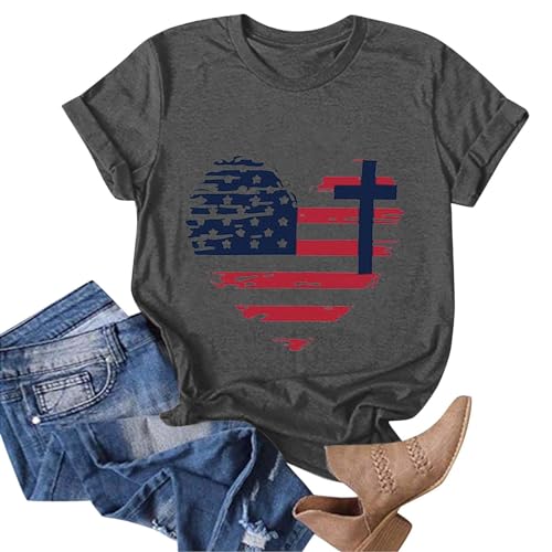 Camisetas femininas 4th of July 2024 Heart American Flag Graphic Casual Manga Curta Gola Redonda Plu