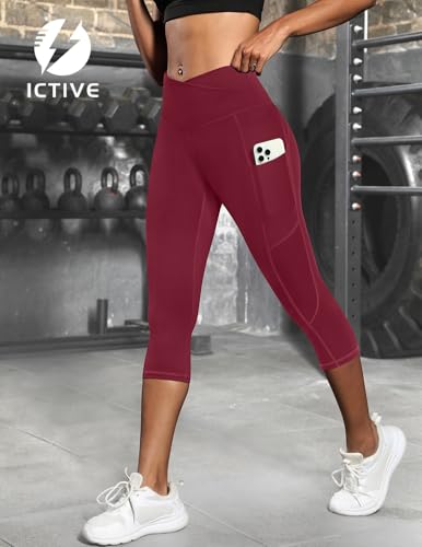 Fihapyli ICTIVE Women's Capris Yoga Pants with Pockets Crossover High Waisted Fitness Running Leggings Burgundy M — view 4