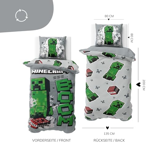 Minecraft Bettwäsche 135x200 + 80x80 cm – weiche Microfaser, Reißverschluss, Öko Tex – Motiv für Kinder & Gamer-Fans, atmungsaktiv & pflegeleicht (Minecraft_Boom)