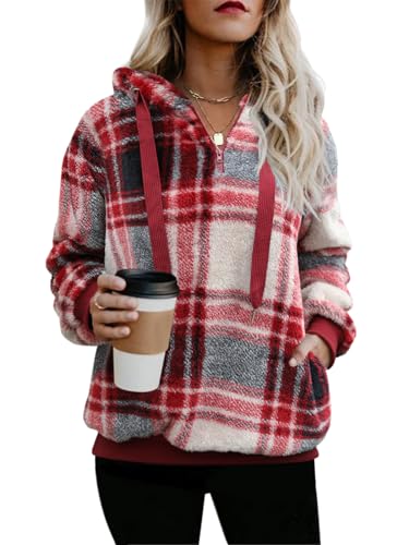 Nirovien Womens Sherpa Pullover Oversized Fuzzy Hoodie Double Fleece Sweatshirts Fluffy Plaid Outerwear Warm Coats