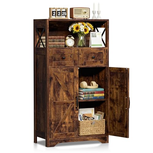 SUPER DEAL Farmhouse Storage Cabinet, Bathroom Floor Cabinet Kitchen Pantry with Doors and Drawers, Hutch Cupboard for Laundry, Living Room, Bedroom, Rustic Brown