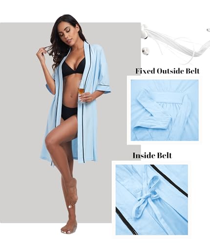 Image of ANLIQI Womens 100% Cotton Robes Lightweight Summer Short Sleeve Lady Bathrobe Knee Length Kimono Robe Sleepwear with Pockets