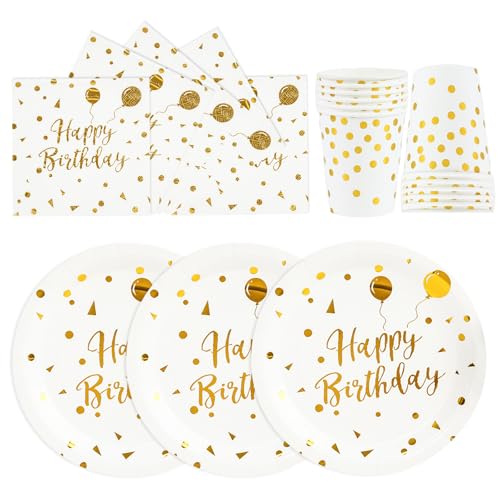 72 Stück Geburtstag Partygeschirr,Happy Birthday Weiß Gold...