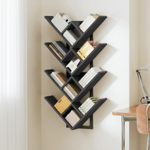 Image of HOOBRO Floating Shelves for Wall, Set of 2 Wall Mounted Shelves, 2-Tier Wooden Tree Bookshelf, Hanging Shelves Storage Rack, for Living Room, Kitchen, Office, Black BB54BJP201