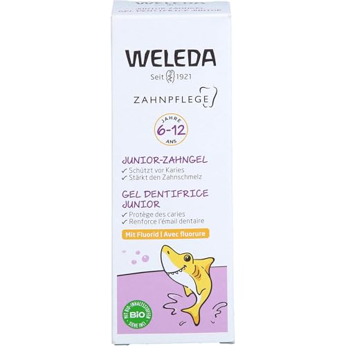 WELEDA Gel per denti Bio Junior con fluoro – Dentifricio per cosmetici naturali per bambini dai 6 ai 12 anni. Gel per la cura dentale naturale protegge dalla carie e favorisce l'indurimento dello