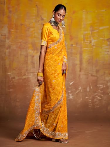 Image of Satrani Women'S Georgette Embroidery Bandhani Printed Saree With Unstitched Blouse Piece