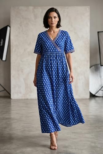 Image of Evolove Cotton Nighty Maxi for Women with Side Pocket | Floral Print Round Neck Short Sleeves Full Length Night Wear Gown