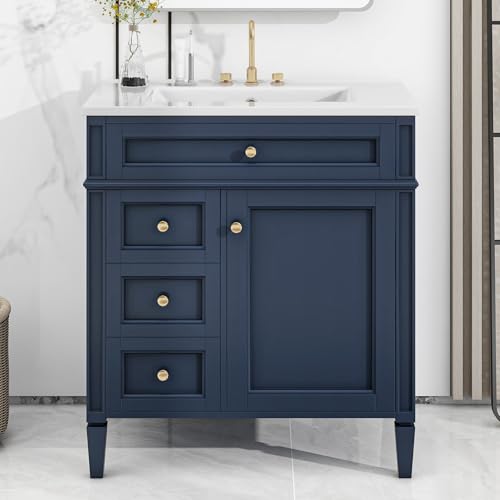 Image of 30-Inch Bathroom Vanity with Ceramic Sink and 3 Drawers & Soft Closing Door,Freestanding Modern Bathroom Storage Cabinet Solid Wood Frame,Metal Handles,Modern Storage Cabinet for Small Space Bathroom
