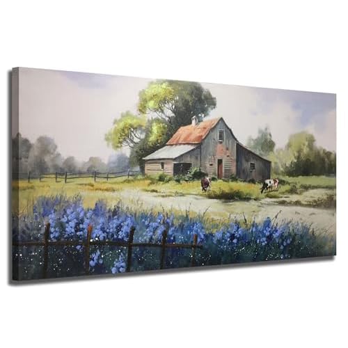 Ardemy Farm Cow Large Canvas Wall Art Vintage Barn Bedroom Wall Decor Living Room, Rustic Farmhouse Picture Painting Dining Room Kitchen Artwork Home Office 40"x20" 40"L x 20"W Farm Flower P