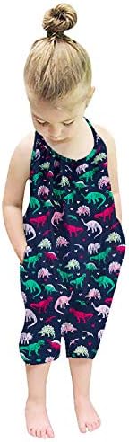 RAISEVERN Dinosaur Rompers for Baby Girls Toddler Jumpsuits for Kid Overalls Sleeveless Halter Infant Girls Cute Jumpers with Pocket 1-2T
