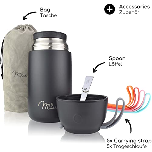 Image of Milu Insulated Food Boxes 450ml I 650ml I 800ml, Insulated Hot Meal Box, Double Layer Stainless Steel Folding Spoon for School, Office (800ml /Black)