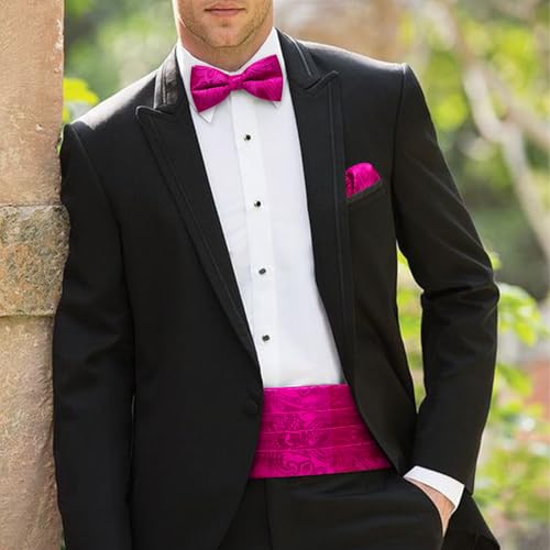 Image of Barry.Wang Men Silk Paisley Cummerbund and Pre-tied Bowtie Handkerchief Cufflink Set for Tuxedo