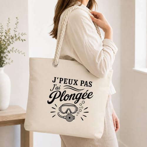 Sac de Plage J’peux pas j’ai Plongée | Grand Cabas Coton à Anses en Corde 23 L | Idée Cadeau Plongeur Plongeuse Homme Femme Anniversaire Noël | Imprimé en Bretagne – vue 2