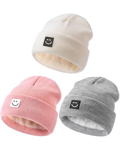 Image of Hispeka Baby Beanie Hat 3 Packs with Cute Smiley Face, Toddler Girls Boys Baby Hats Winter, Kids Winter Hat Cold Weather White & Pink & Light Grey