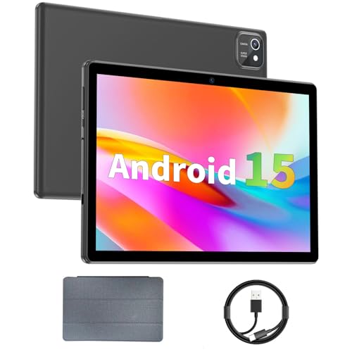 Tablet 10 inch Android 15 Tablets, 12GB RAM 64GB ROM 1TB Expand, Quad-Core Processor, 1280x800 LCD Touch Screen, WiFi 5, Dual Camera, BT5.0, 6000mAh Battery, Drop-Proof Case