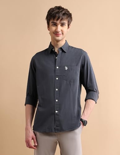 Image of U.S. Polo ASSN. Solid Regular Fit Shirts for Men - 100% Cotton, Full Sleeve Mens Casual Shirts