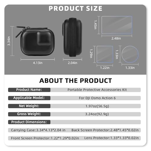 Image of Action 6 Carrying Case (for Cage) + Screen Protector for DJI Osmo Action 6, Small Bag PU Hard Travel Portable Tempered Glass Film Protective Lens Cover Accessories Kit