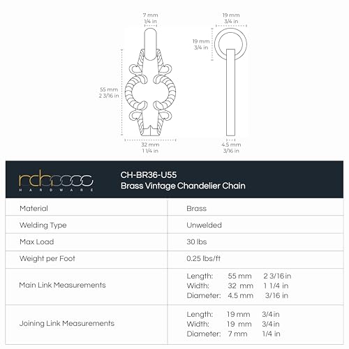 Image of RCH Hardware Decorative Polished Solid Brass Chain for Hanging, Lighting - Motif Unwelded Links (1 Foot)