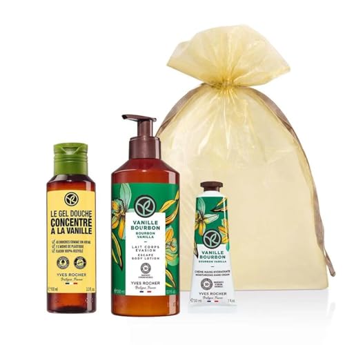 Yves Rocher Escape Bourbon Vanilla Concentrated Gel, Body Milk Lotion and Moisturizing Hand Cream Set