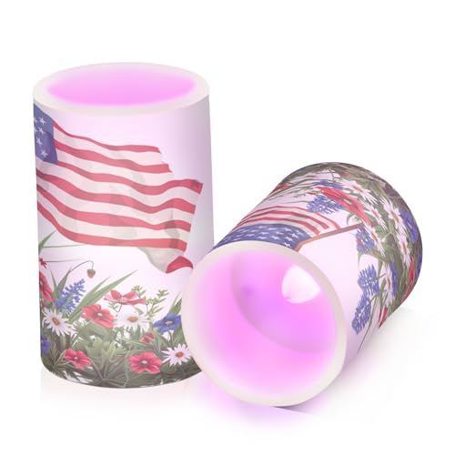 Image of Lights Flameless Candles Wildflowers American Flag Pillar Candles Set of 2 Battery Operated Remote Control Warm Lights Home Decor