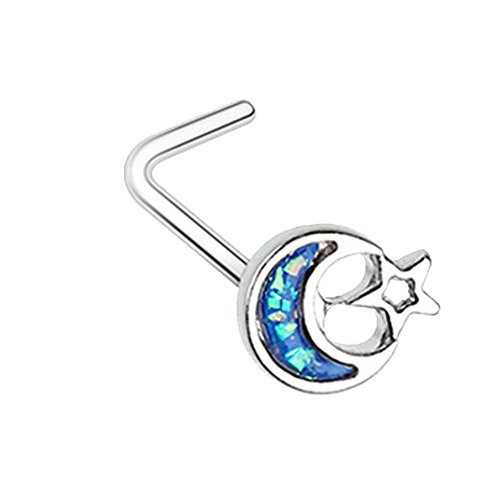 Inspiration Dezigns Crescent Moon & Star with Synthetic Opal L-Shape Nose Ring (Steel)