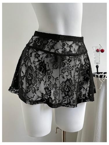 MakeMeChic Women's Floral Lace Mini Skirt Y2K Mesh Shher A Line Sheer Party Short Skirts Clubwear2
