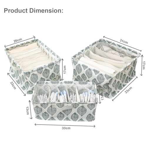 Image of House of Quirk Cotton Linen Set Of 3 Underwear Organizer Set - 5 /6 /9-Compartment Dividers For Closet & Drawer (White /Green Leaf), Clothing