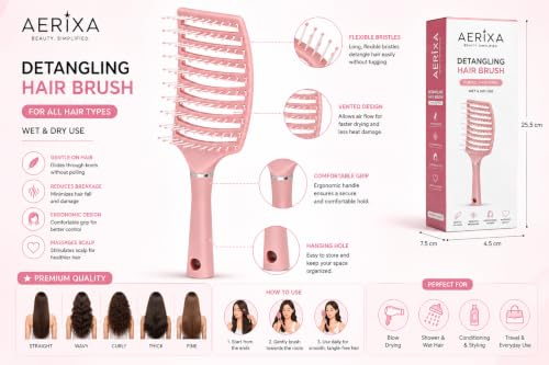 Image of Detangling Hair Brush for Wet & Dry Hair, Flexible Vented Styling Comb with Ball Tip Bristles for Curly, Wavy & Straight Hair, Scalp Massage Grooming Tool for Women Men Kids