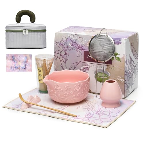 Matcha Whisk Set 9 Pcs – Matcha Bowl, Whisk, Sifter, Spoon, Gift Card ane Portable Carry Bag for Latte Travel,Gift for Matcha Lovers (Pink)