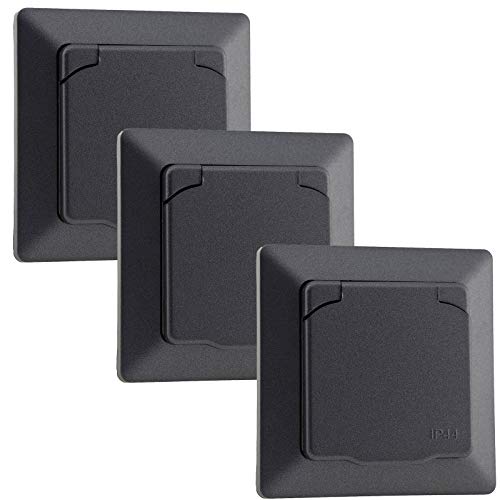 MILOS IP44 Steckdose Unterputz 3Stück Aussensteckdose mit Klapp-Deckel Schutzkontakt-Steckdose mit Gummidichtung 230V / 16A 1-fach Rahmen Wand Steckdosen Anthrazit