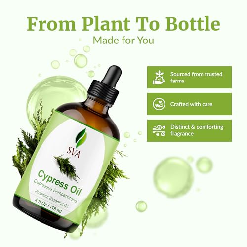 Image of SVA Cypress Essential Oil - 4 Fl Oz - 100% Natural Cypress Oil - for Diffuser, Hair Care, Face, Skin Care, Aromatherapy, Scalp and Body Massage, Soap and Candle Making - with Dropper