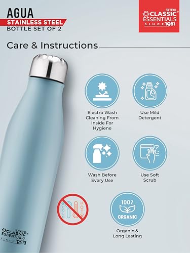Image of CLASSIC ESSENTIALS Agua Stainless Steel Leak Proof Water Bottle Suitable for Fridge 1000 ml | Office, Bottle, Hiking, Treking, Travel | Blue, Set of (2)