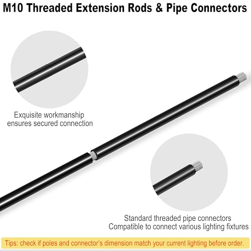 Image of 10 Pieces 12-inch M10 Threaded Extension Poles Lighting Fixture Downrods Stems & 180 Degrees Sloped Ceiling Adapter Kits for Pendant Light, Island Lighting, Chandeliers (Black)