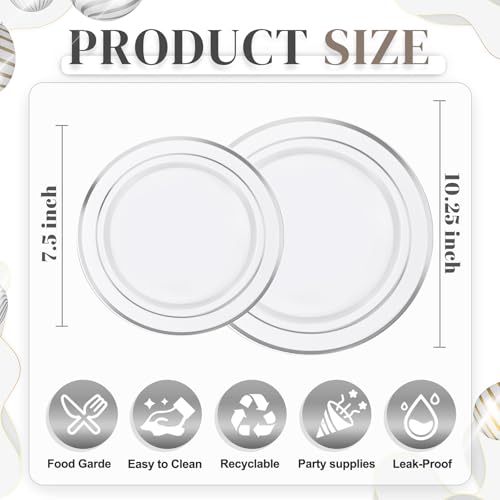 Image of WDF 120PCS Plastic Plates White Silver Rim - Disposable Plates including 60PCS for Dinner 10.25inch, 60 Salad /Dessert Plates 7.5inch Heavy Duty Wedding Party Birthday
