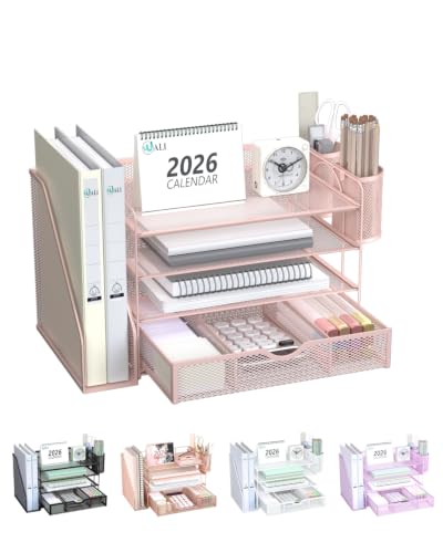 Image of WALI Desk File Organizer, 4 Tier Desktop Paper Letter Tray Organizer with Drawer and 2 Pen Holders, Office Desk Accessories & Workspace Organizers for Office, Home Supplies(DO005DH-P), 1 Pack, Pink