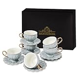 LB Espressotassen, 12-teilig Espressotassen Set, 90 ml Dickwandige Kaffeetassen mit Untertasse, Grau(LB114WFG)