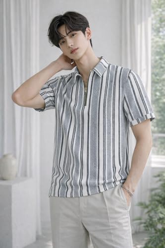Image of London Hills Men's Loose Fit Half Sleeve Vertical Striped Polo T-Shirt with Zip Collar | Premium Polyester Fabric | T Shirt for Man | Tshirt | Shirts Men | Tshirt for Man | Men T-Shirts