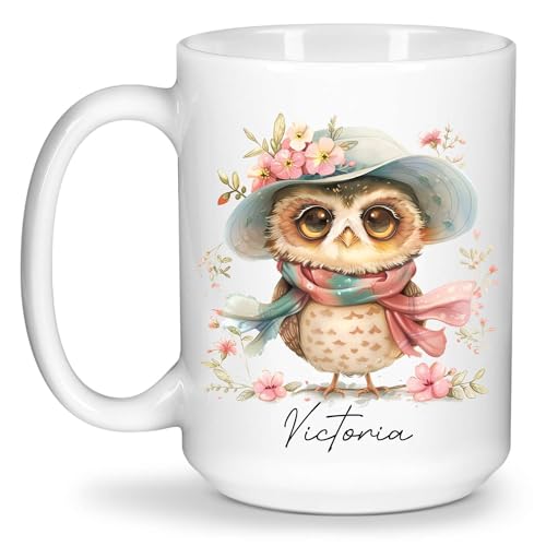 Personalized Cute Owl With Flower Porcelain Mug, Customized Choose Name Tea Cup On Women Day, Custom