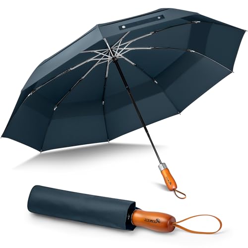 ZOMAKE Paraguas Plegable 54 Inch,Paraguas Plegable Antiviento Grande XXL 134cm con Doble Capota,Umbrella Resistente con Mango de Madera para Hombre Mujer(Azul Zafiro)